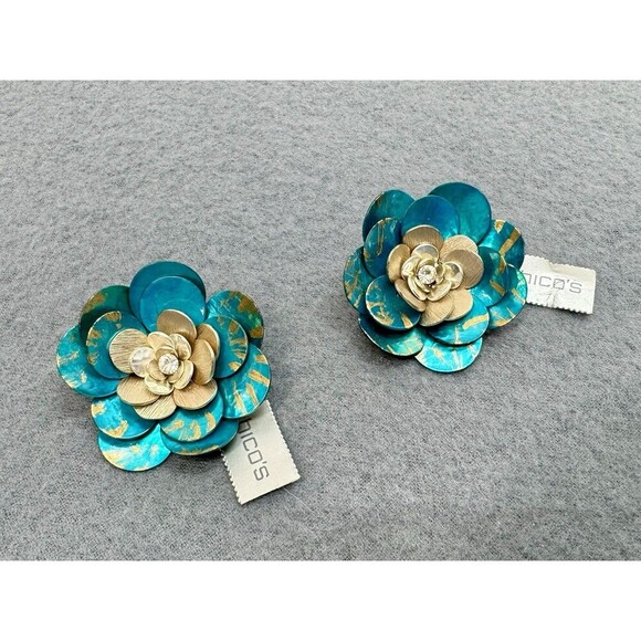 Chicos Dionne Flower Pin Brooch Lot Of 2 Teal Blue Gold Rhinestone Statement - Picture 1 of 7